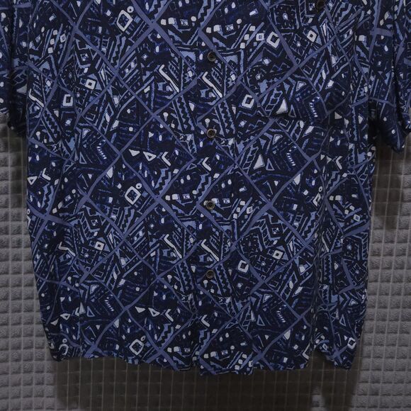 VTG Blue Geometric Hawaiian Shirt Mens Lg SOFT Natural Issue Short Sleeve Button - Picture 7 of 16